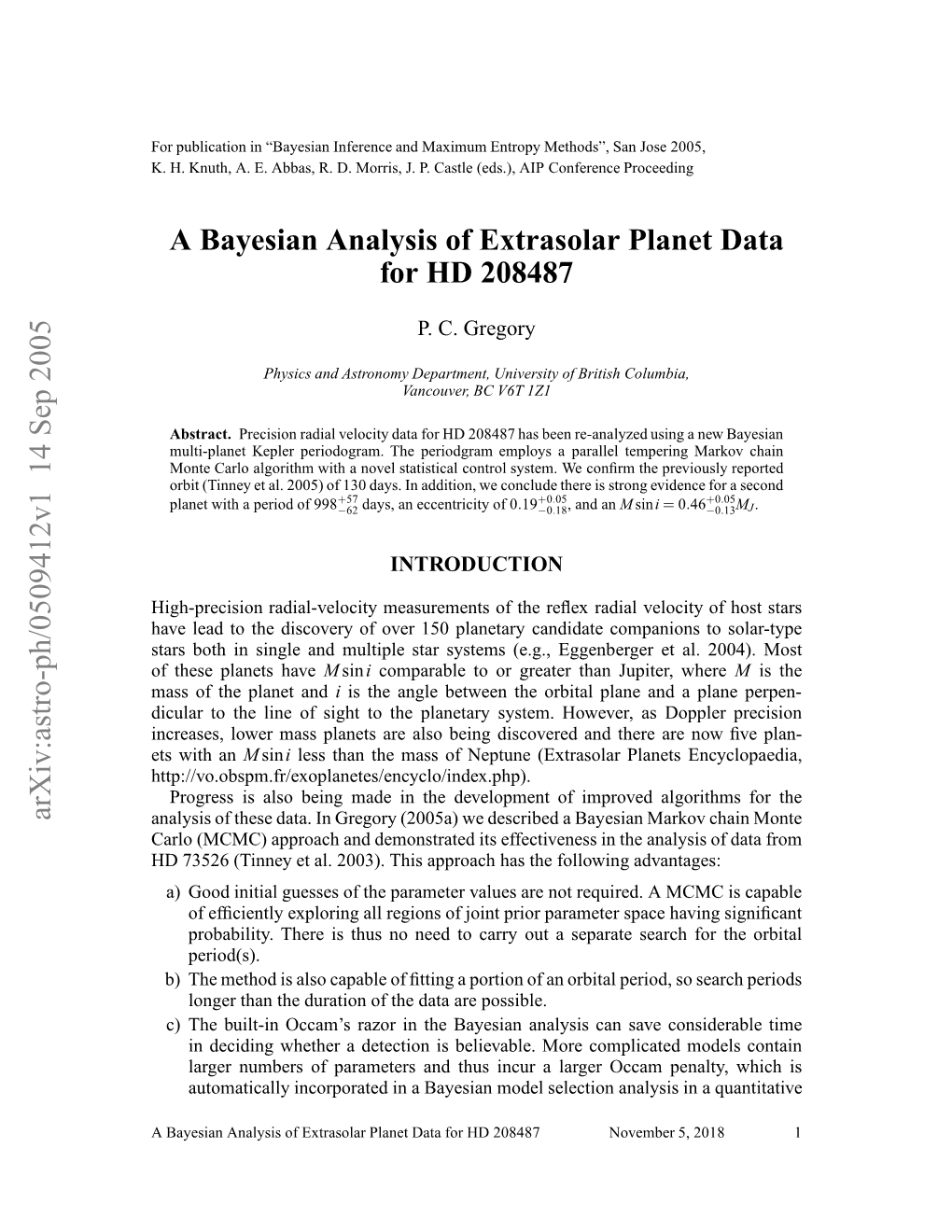 A Bayesian Analysis of Extrasolar Planet Data for HD 208487