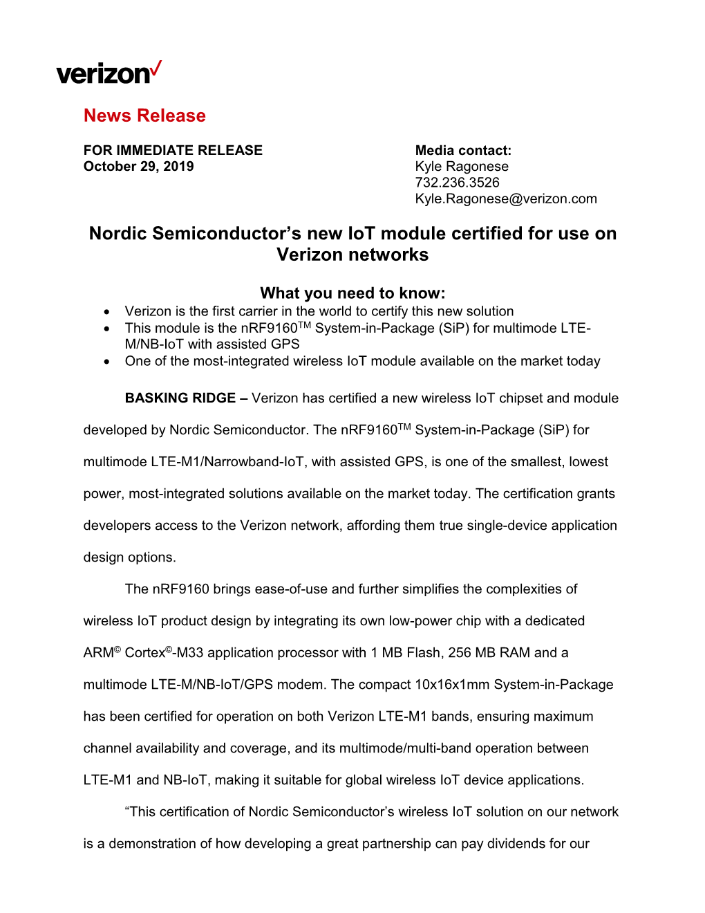 Nordic Semiconductor's New Iot Module Certified for Use on Verizon