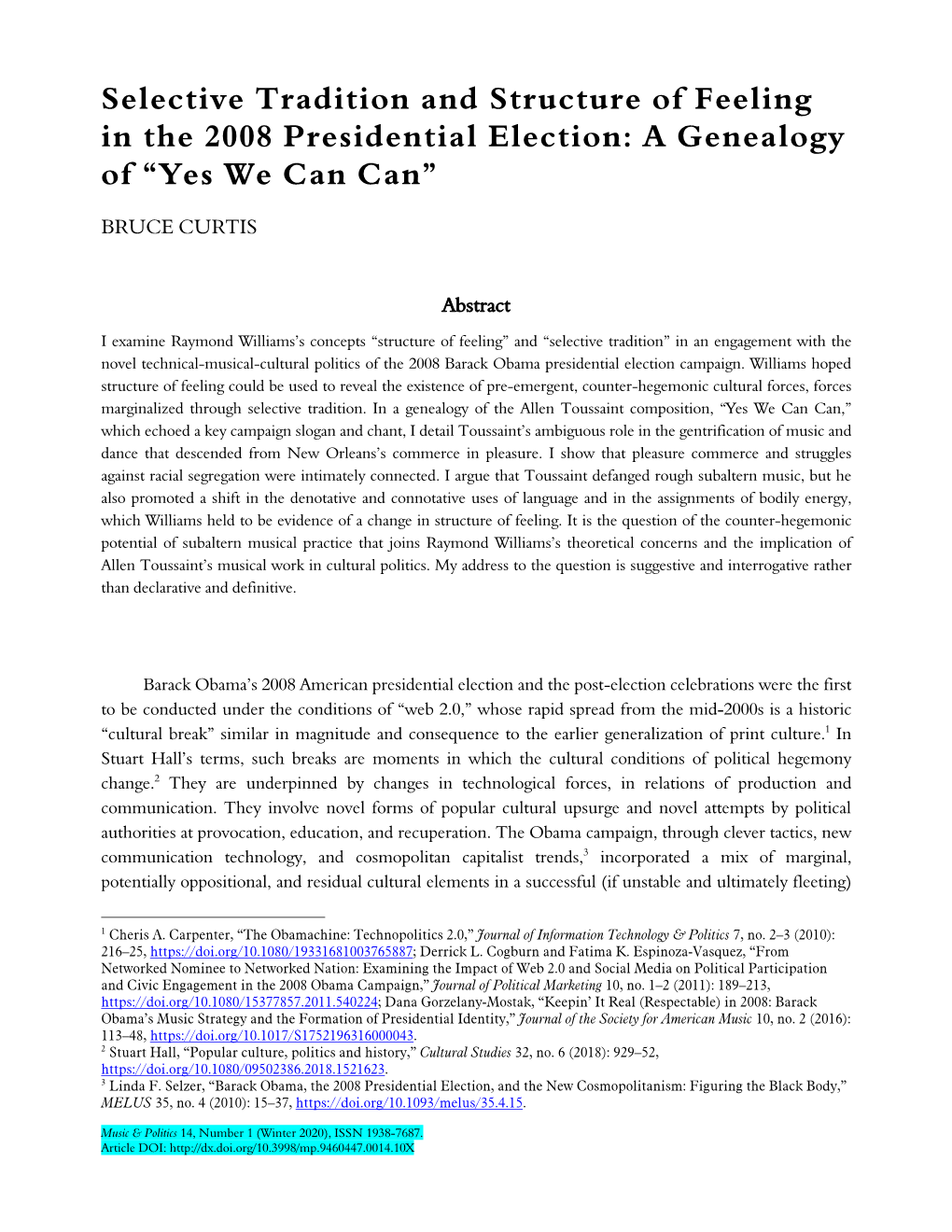 Selective Tradition and Structure of Feeling in the 2008 Presidential Election: a Genealogy of “Yes We Can Can”