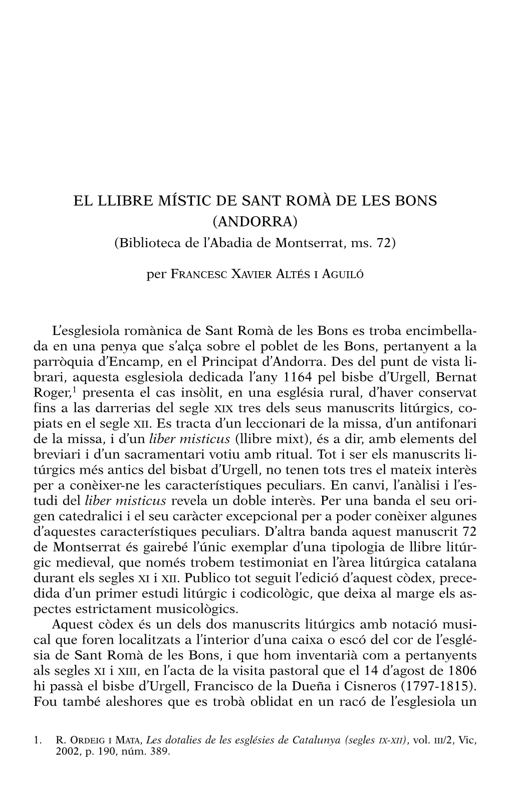 EL LLIBRE MÍSTIC DE SANT ROMÀ DE LES BONS (ANDORRA) (Biblioteca De L’Abadia De Montserrat, Ms