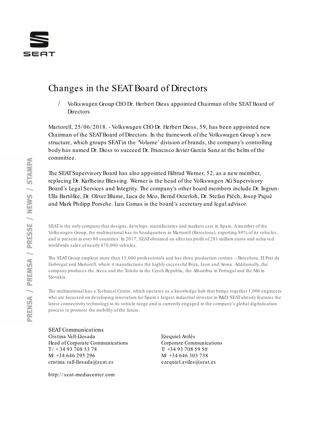 Changes in the SEAT Board of Directors