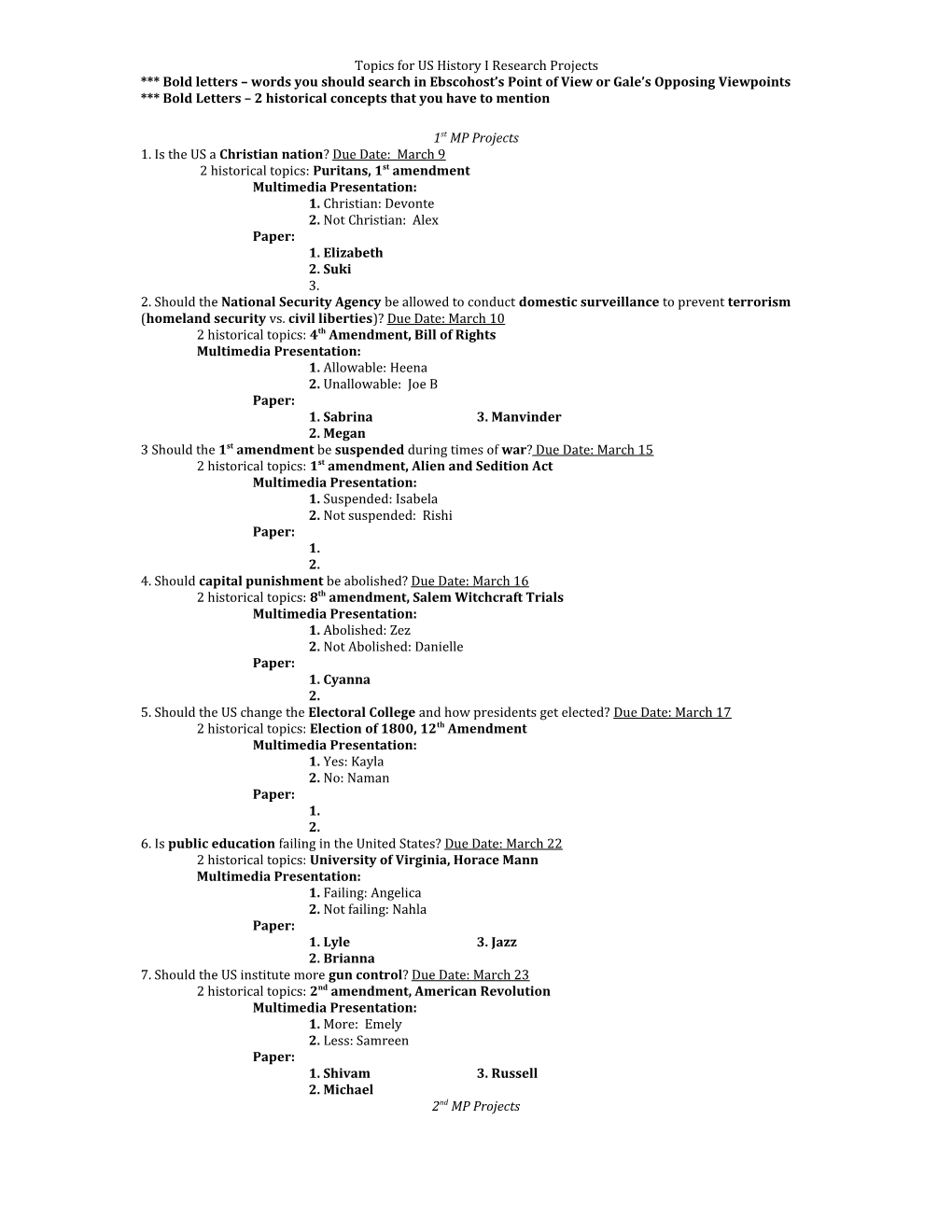 Topics for US History I Research Projects