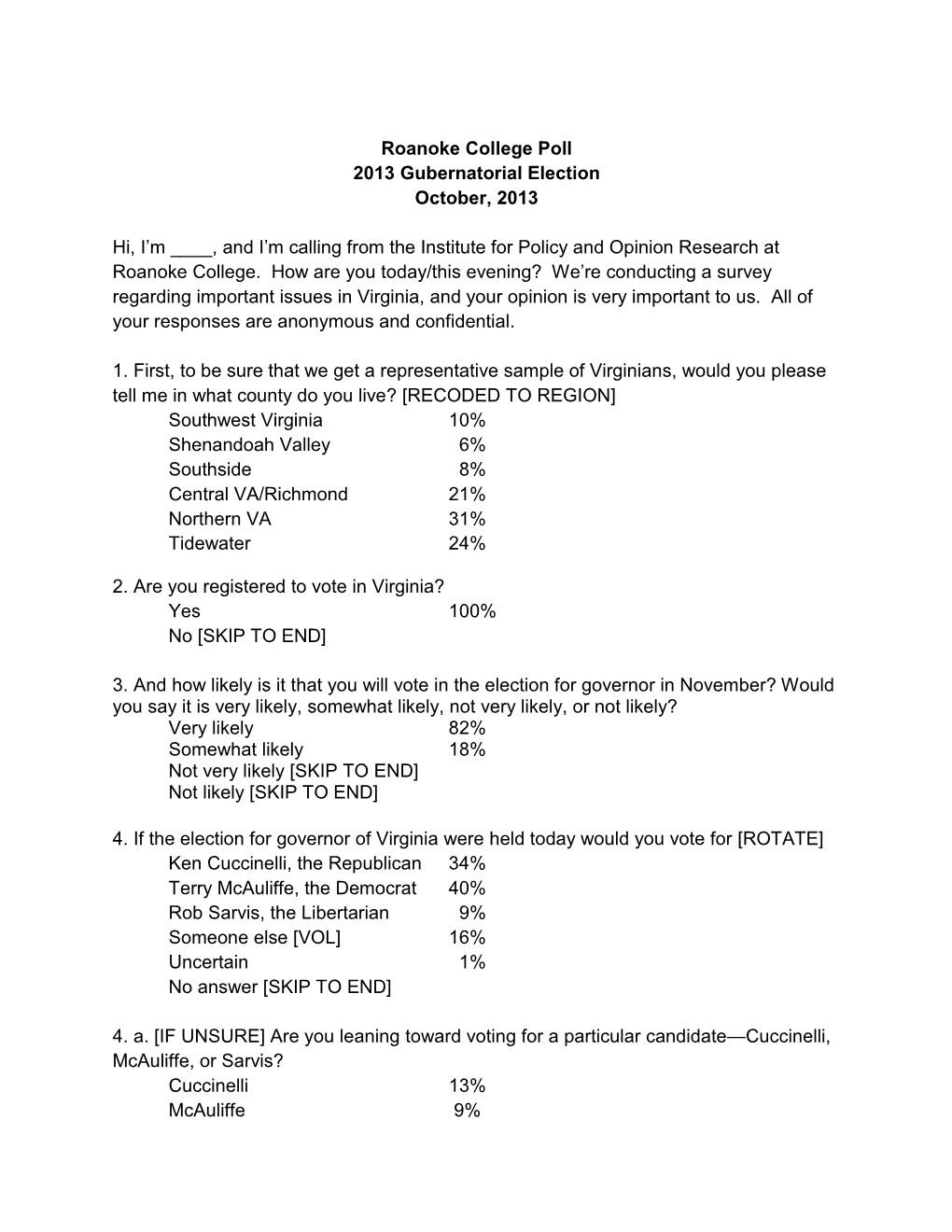 Roanoke College Poll 2013 Gubernatorial Election October, 2013