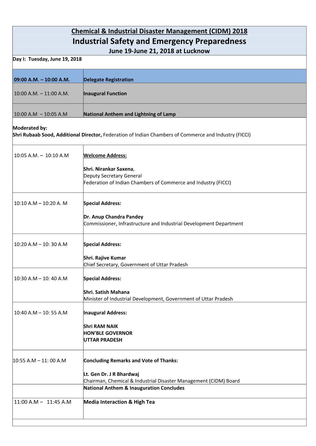 Industrial Safety and Emergency Preparedness June 19-June 21, 2018 at Lucknow Day I: Tuesday, June 19, 2018