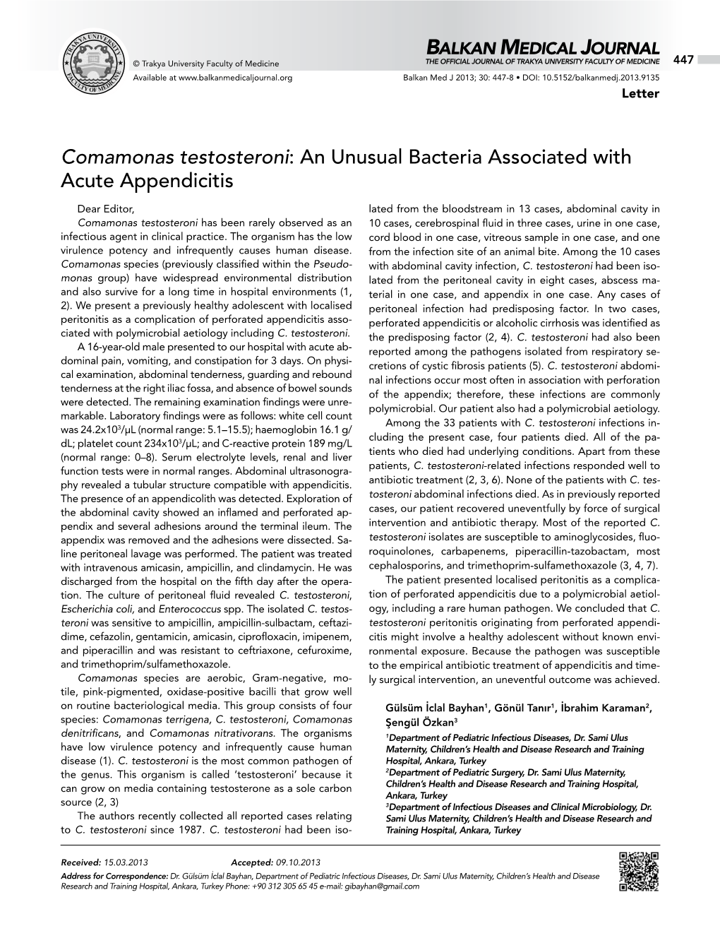 Comamonas Testosteroni: an Unusual Bacteria Associated with Acute Appendicitis