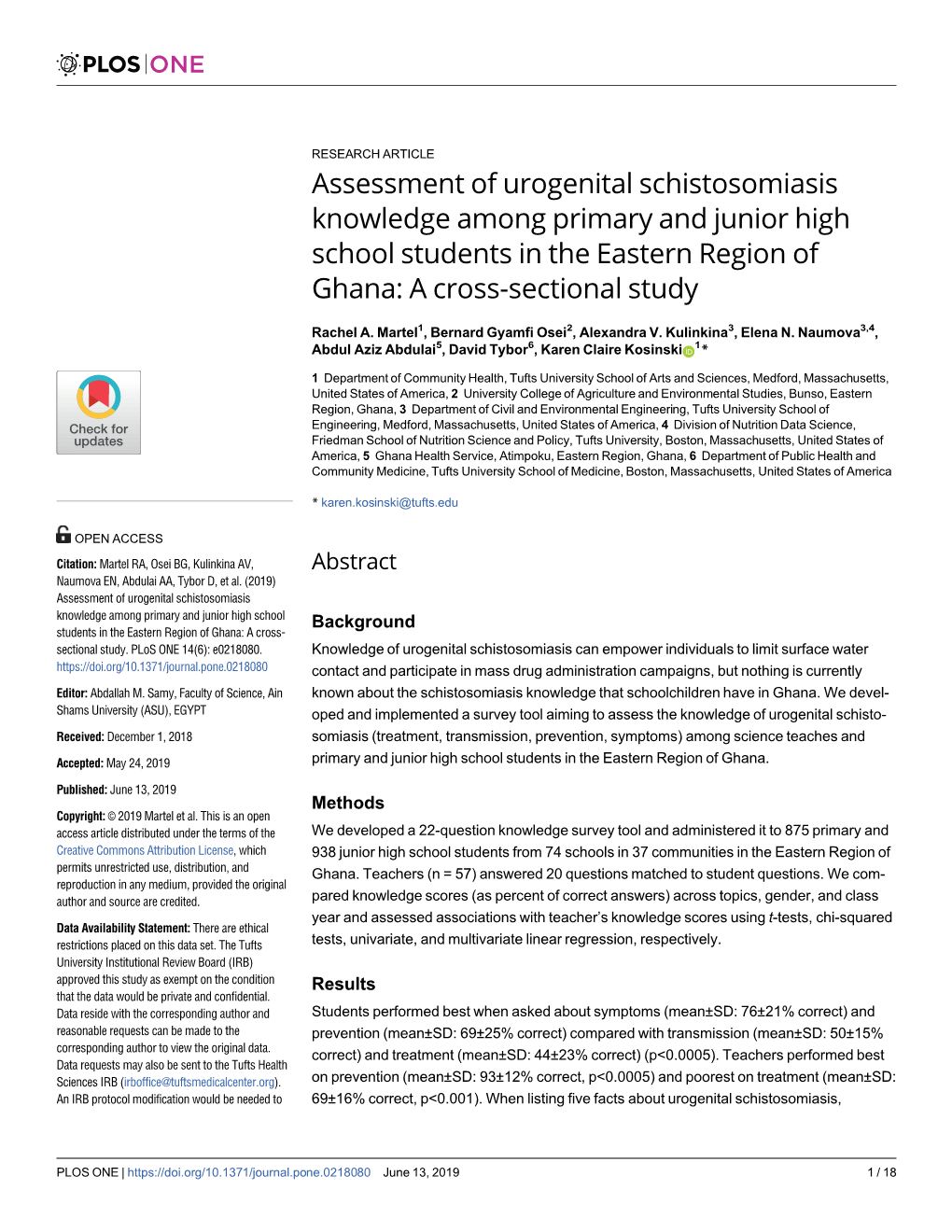 Assessment of Urogenital Schistosomiasis Knowledge Among Primary and Junior High School Students in the Eastern Region of Ghana: a Cross-Sectional Study