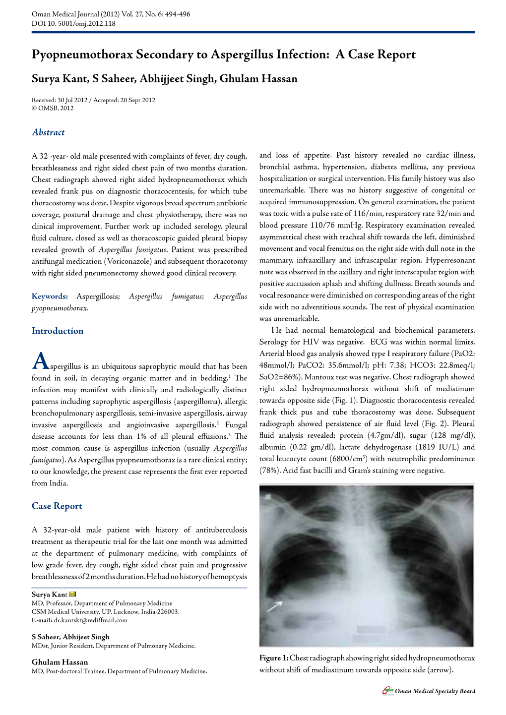 Pyopneumothorax Secondary to Aspergillus Infection: a Case Report Surya Kant, S Saheer, Abhijjeet Singh, Ghulam Hassan