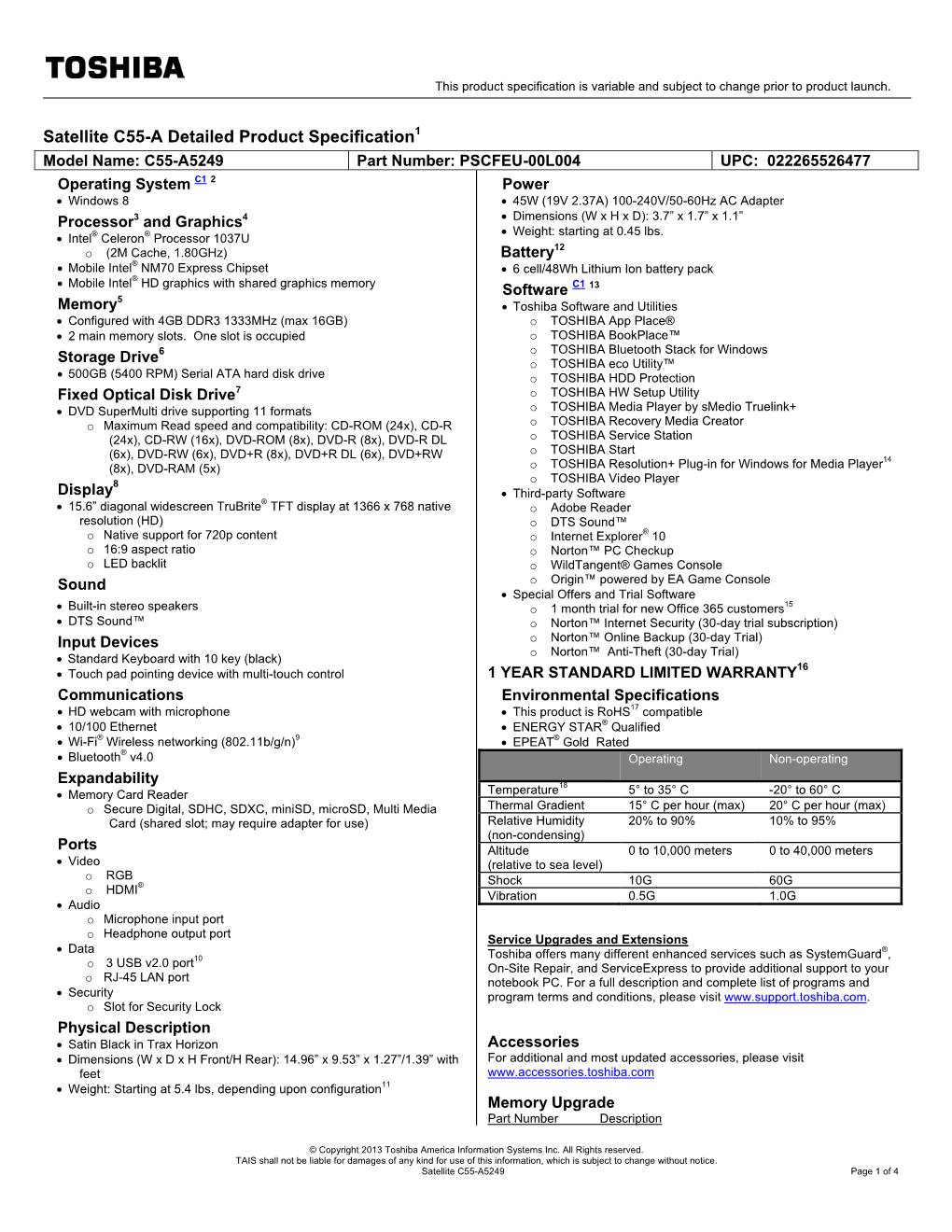 Satellite C55-A Detailed Product Specification1