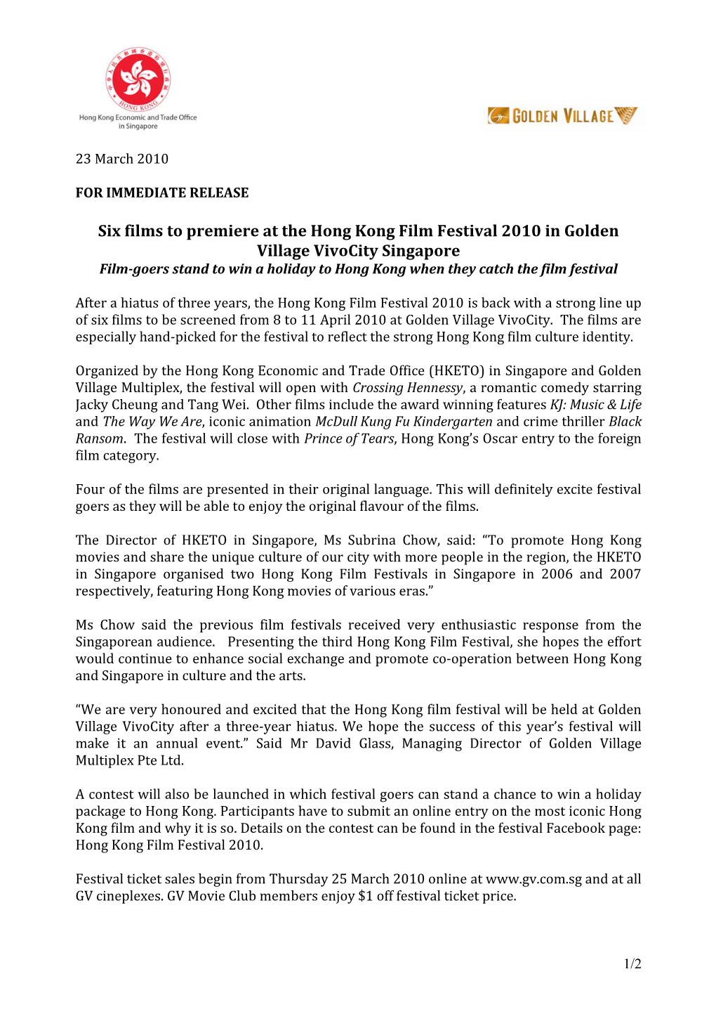 Six Films to Premiere at the Hong Kong Film Festival 2010 in Golden