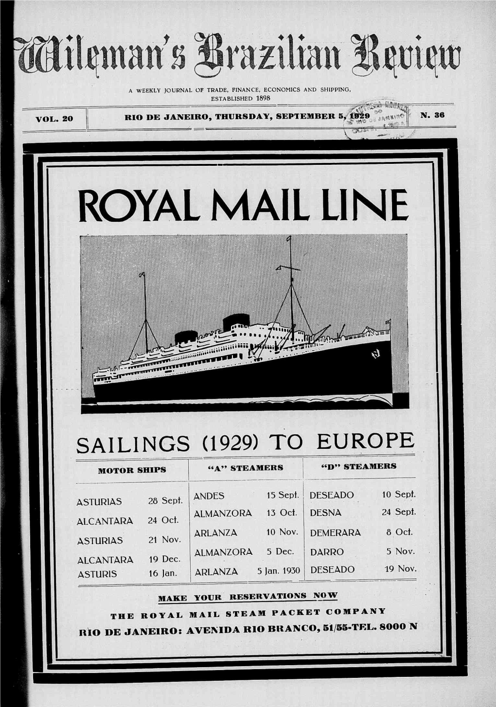Sailings (1929) to Europe "A" "D" Motor Ships Steamers Steamers