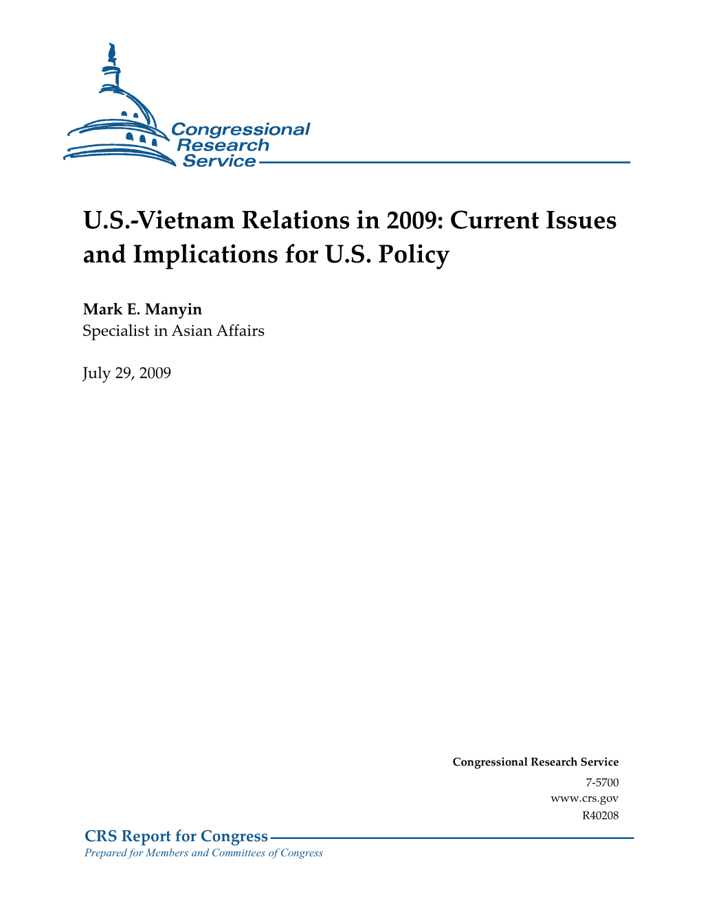 U.S.-Vietnam Relations in 2009: Current Issues and Implications for U.S. Policy