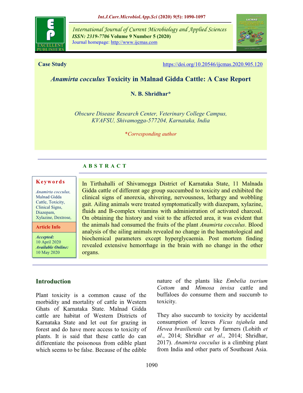 Anamirta Cocculus Toxicity in Malnad Gidda Cattle: a Case Report