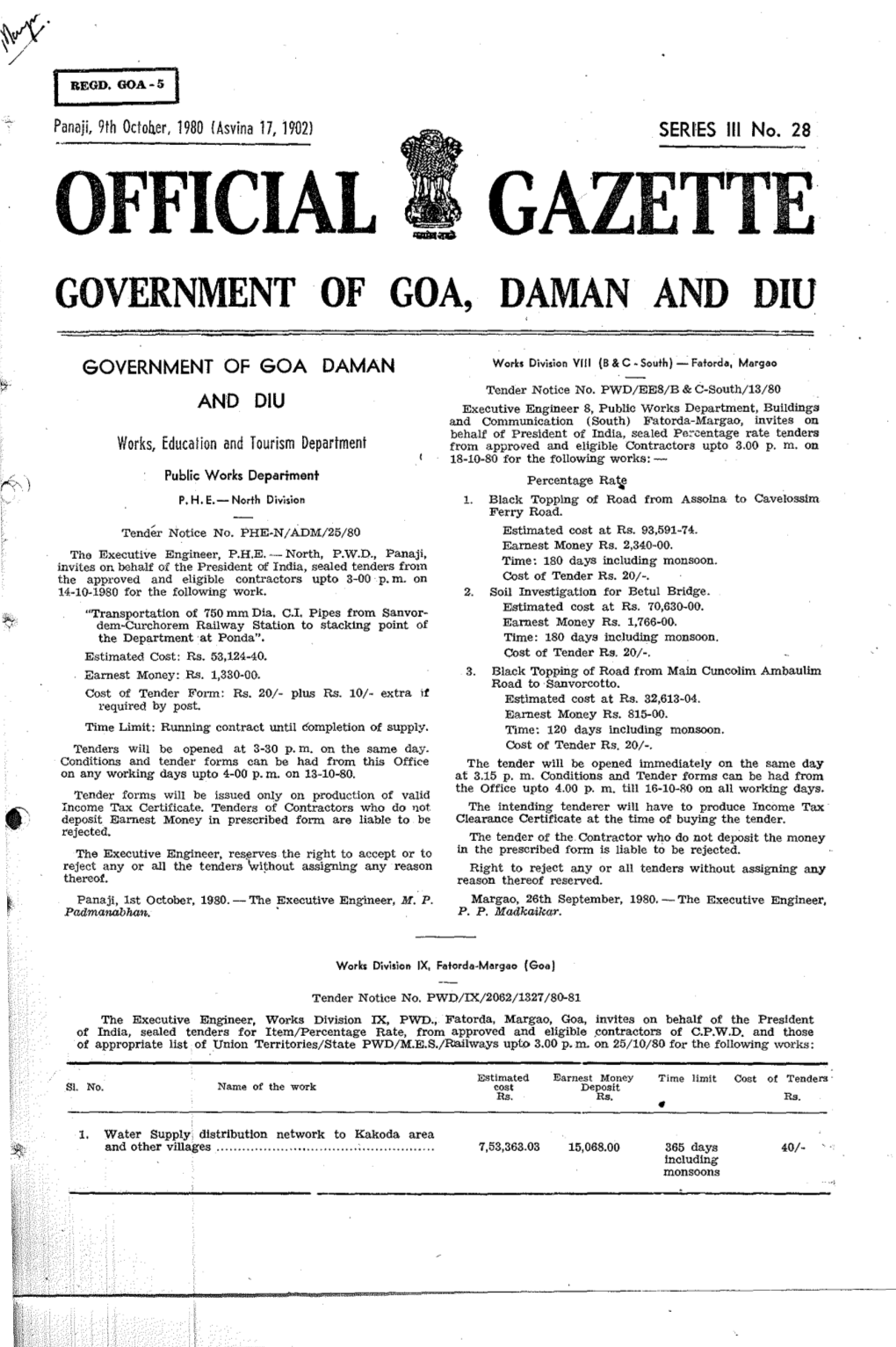 Official Gazette Government of Goa, Daman and Diu