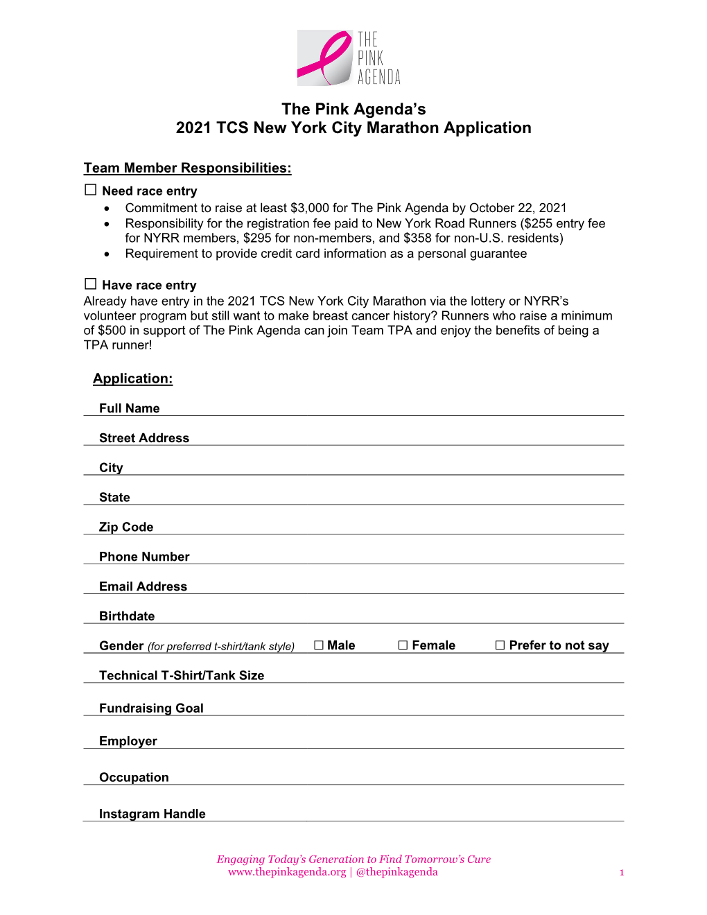 The Pink Agenda's 2021 TCS New York City Marathon Application