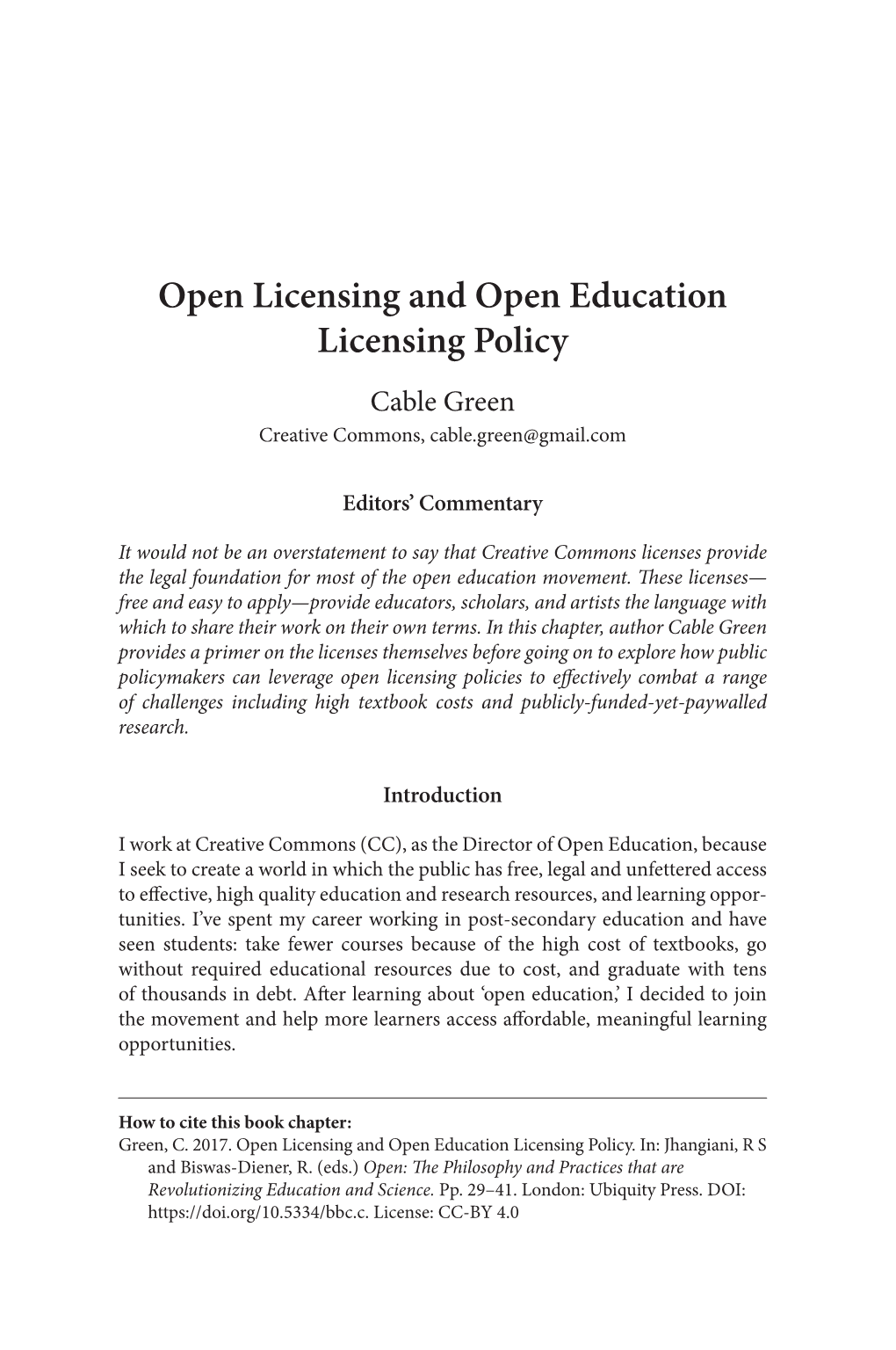 Open Licensing and Open Education Licensing Policy Cable Green Creative Commons, Cable.Green@Gmail.Com
