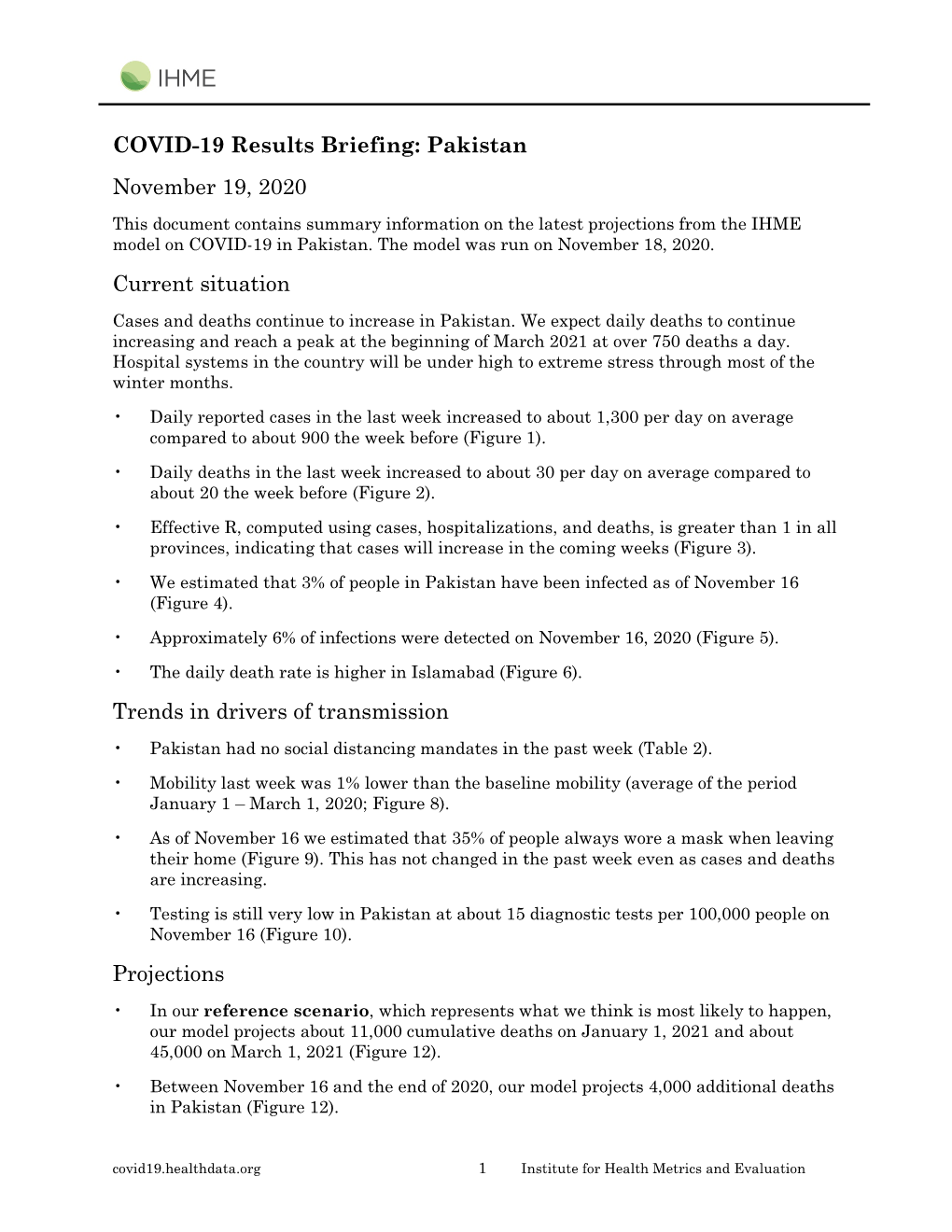 COVID-19 Results Briefing: Pakistan November 19, 2020 Current