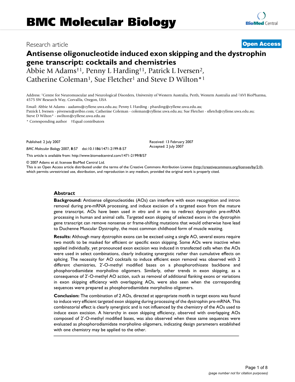 Antisense Oligonucleotide Induced Exon Skipping and the Dystrophin
