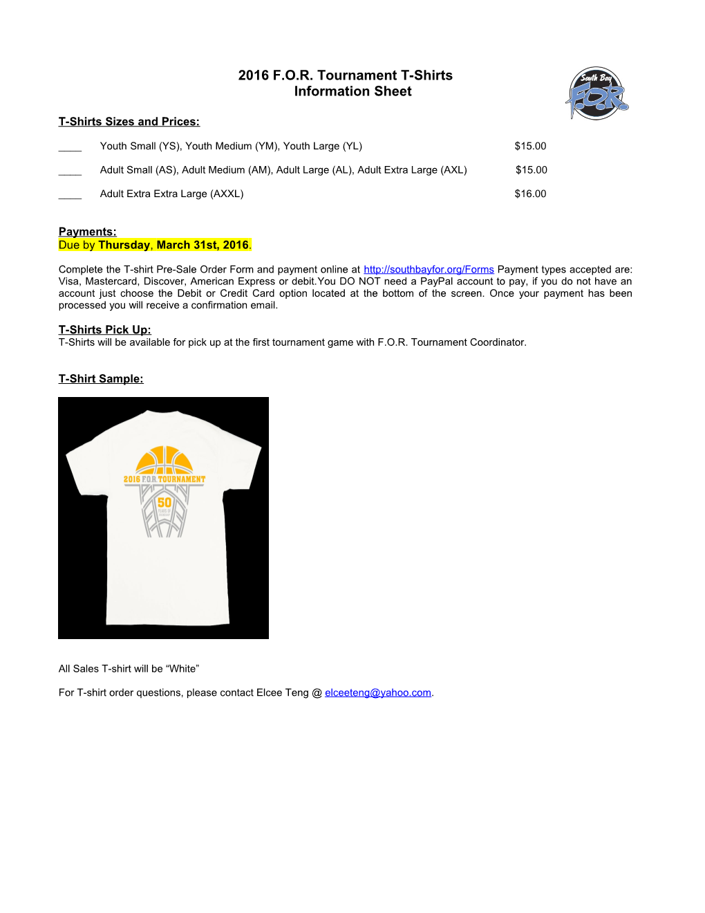 2016 F.O.R. Tournament T-Shirts