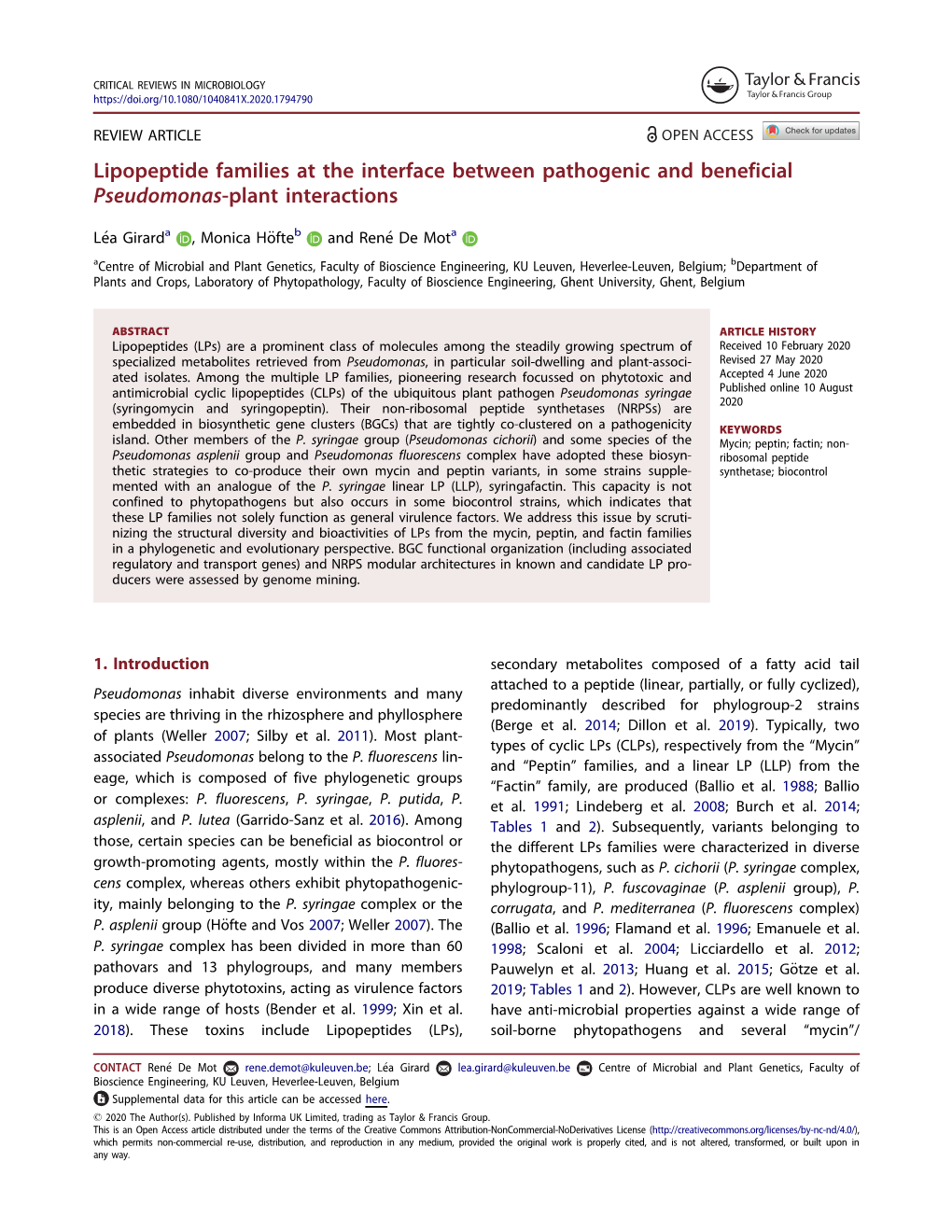 Lipopeptide Families at the Interface Between Pathogenic and Beneficial Pseudomonas-Plant Interactions