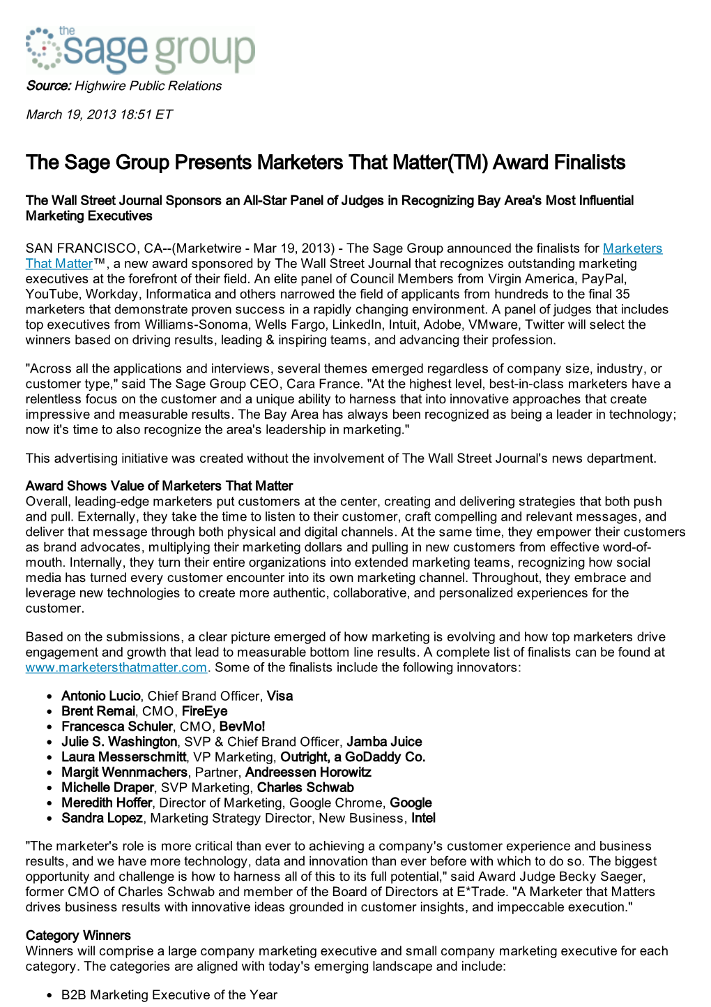 The Sage Group Presents Marketers That Matter(TM) Award Finalists