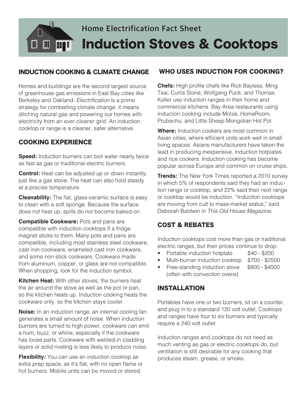 Home Electrification Fact Sheet Induction Stoves & Cooktops