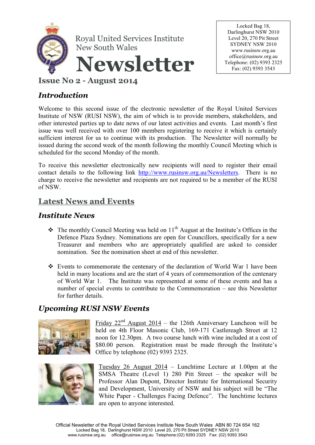 Newsletter Fax: (02) 9393 3543 Issue No 2 - August 2014