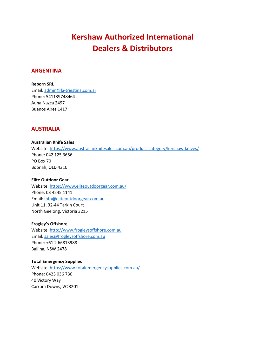 Kershaw Authorized International Dealers & Distributors