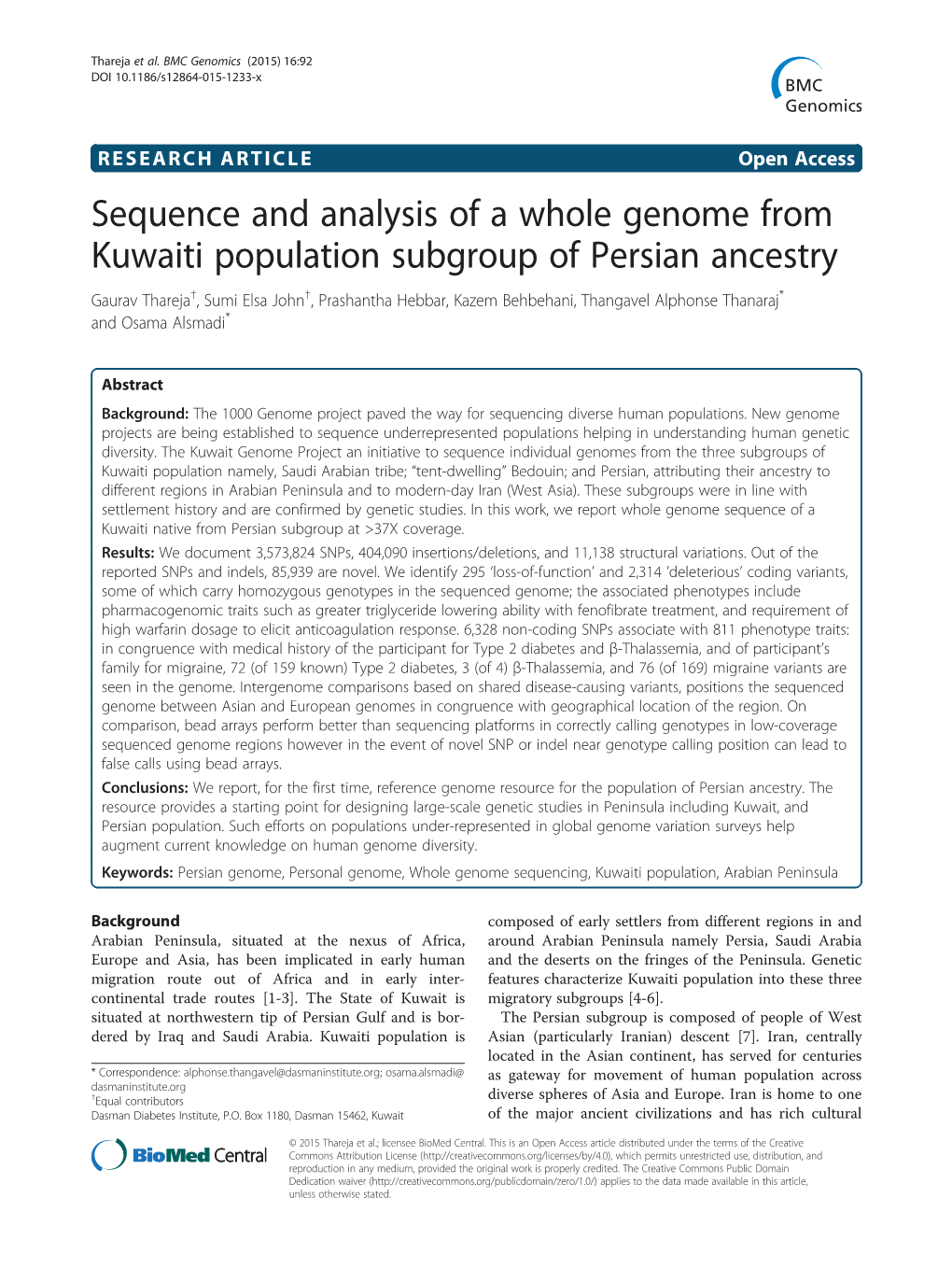 Sequence and Analysis of a Whole Genome from Kuwaiti Population Subgroup of Persian Ancestry