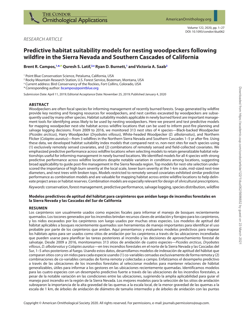 Predictive Habitat Suitability Models for Nesting Woodpeckers Following Wildfire in the Sierra Nevada and Southern Cascades of California Brent R