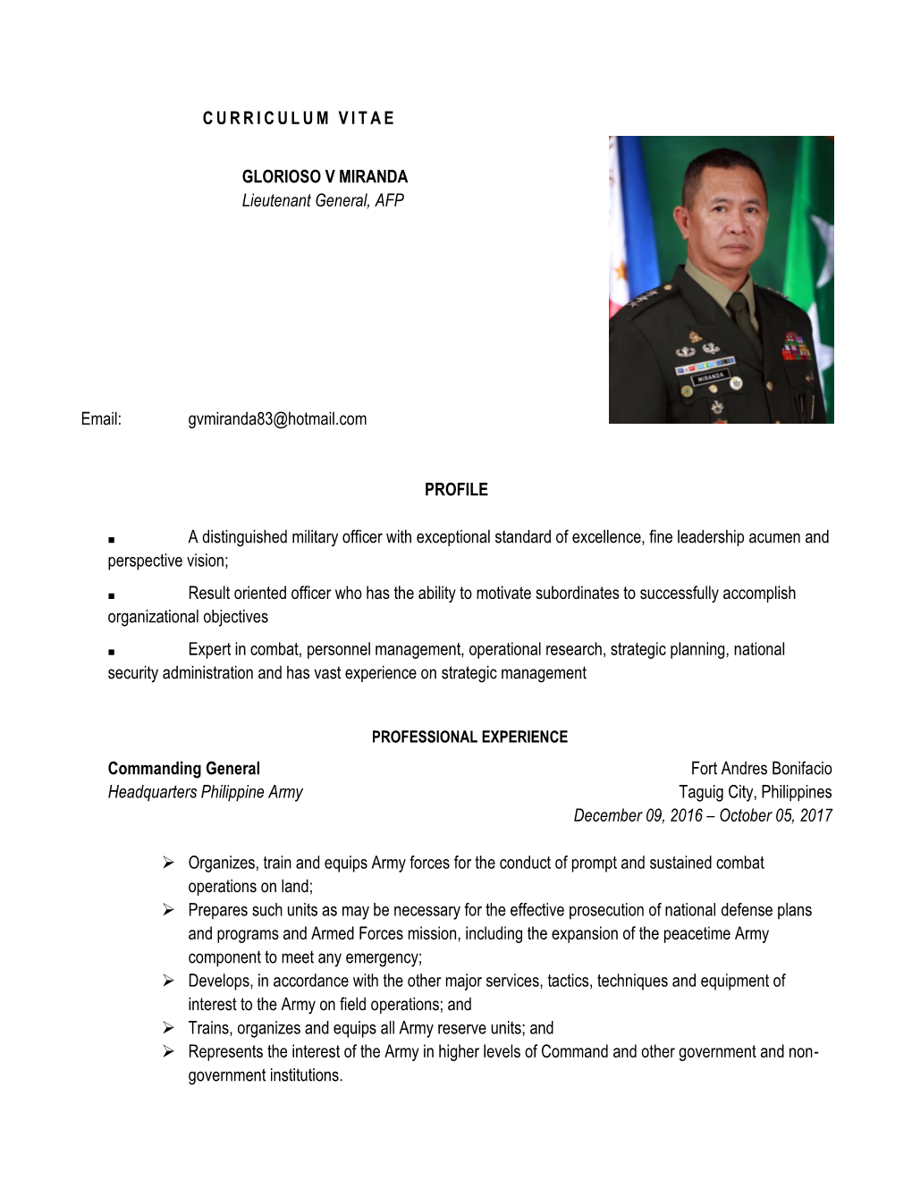 CURRICULUM VITAE GLORIOSO V MIRANDA Lieutenant General, AFP
