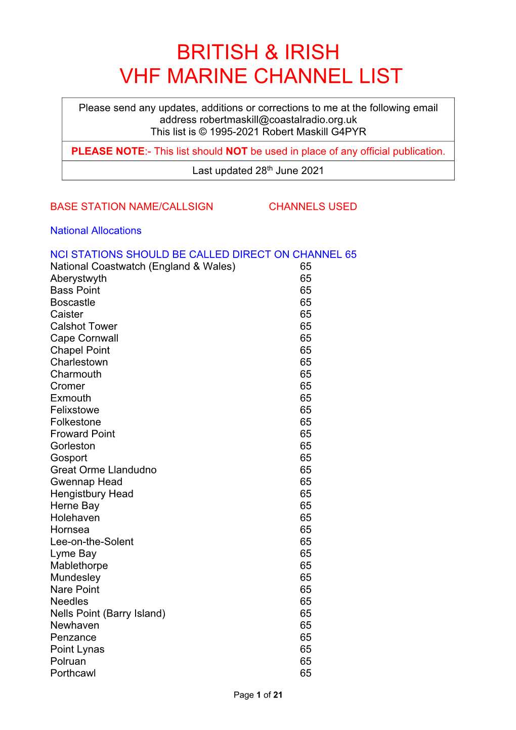 British & Irish Vhf Marine Channel List