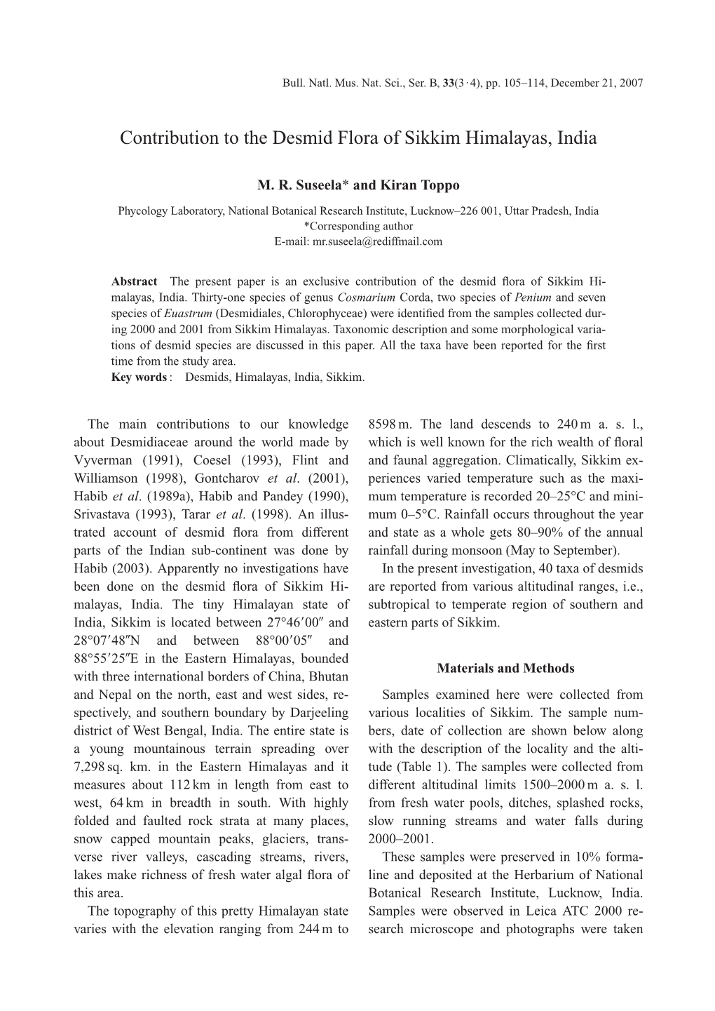 Contribution to the Desmid Flora of Sikkim Himalayas, India