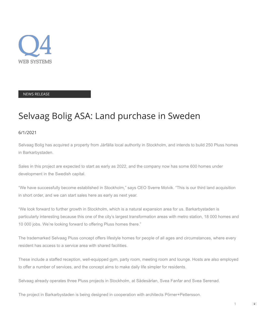 Selvaag Bolig ASA: Land Purchase in Sweden