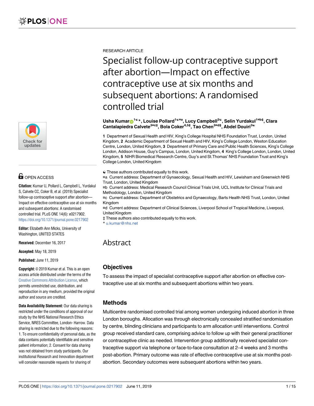Specialist Follow-Up Contraceptive Support After Abortion—Impact on Effective Contraceptive Use at Six Months and Subsequent Abortions: a Randomised Controlled Trial
