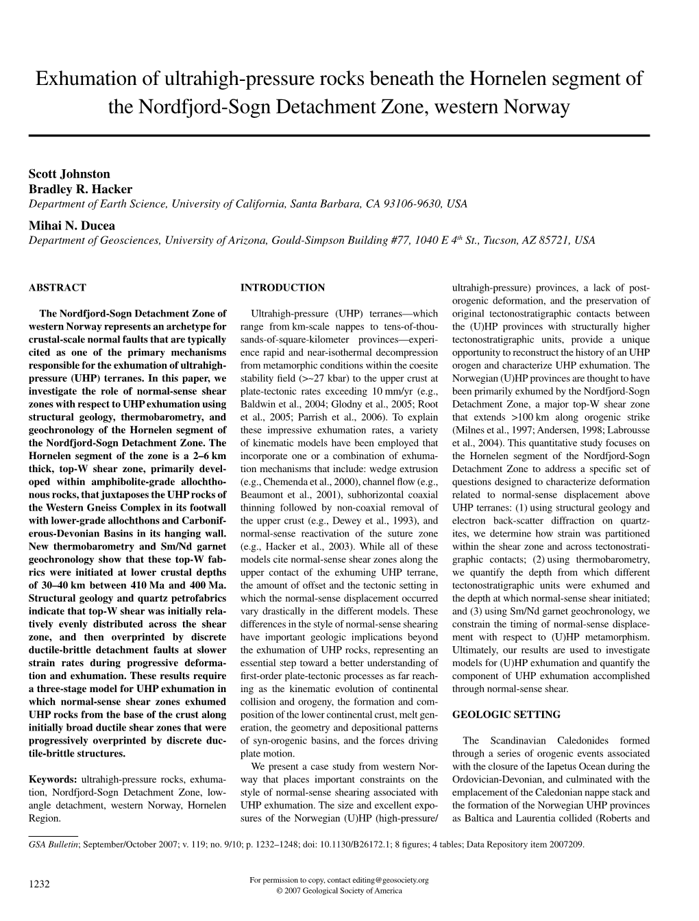 Exhumation of Ultrahigh-Pressure Rocks Beneath the Hornelen Segment of the Nordfjord-Sogn Detachment Zone, Western Norway