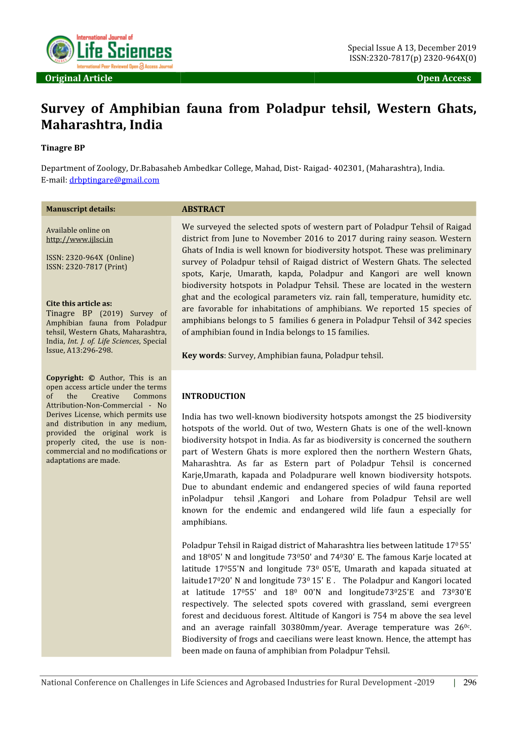 Survey of Amphibian Fauna from Poladpur Tehsil, Western Ghats, Maharashtra, India