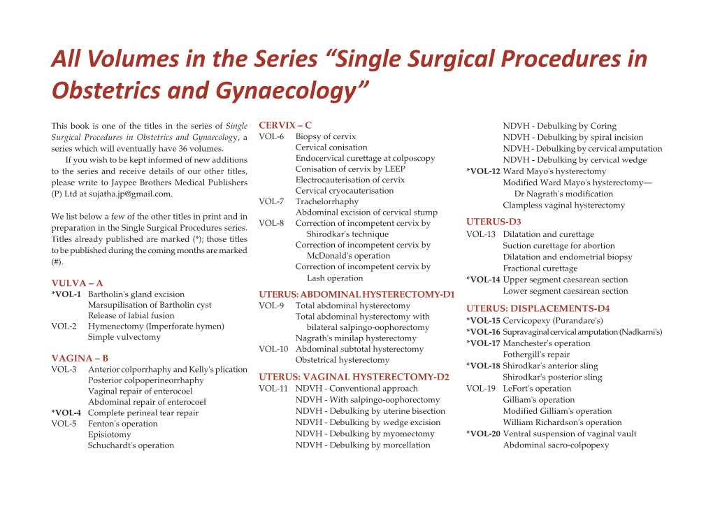 All Volumes in the Series “Single Surgical Procedures in Obstetrics and Gynaecology”
