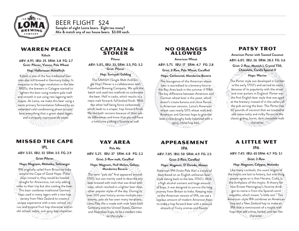 BEER FLIGHT $24 Sampler of Eight Loma Beers