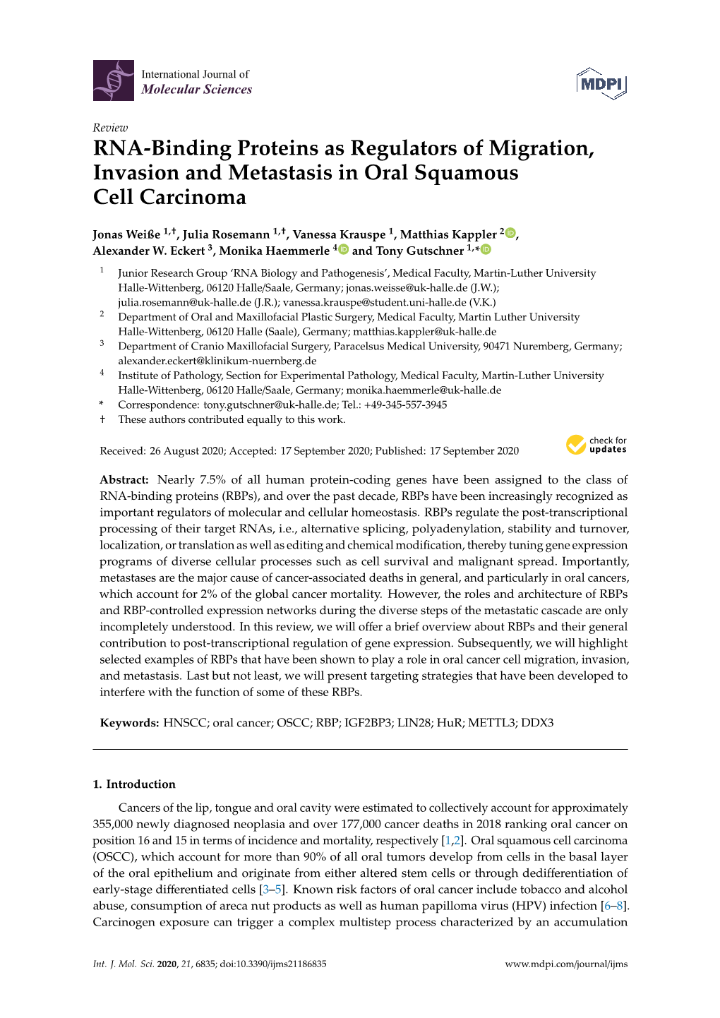 RNA-Binding Proteins As Regulators of Migration, Invasion and Metastasis in Oral Squamous Cell Carcinoma