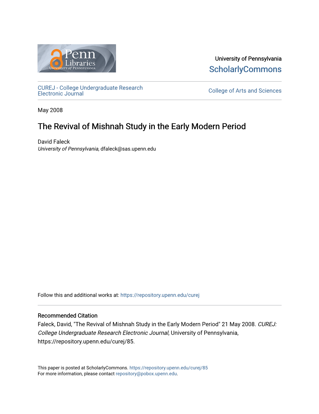 The Revival of Mishnah Study in the Early Modern Period