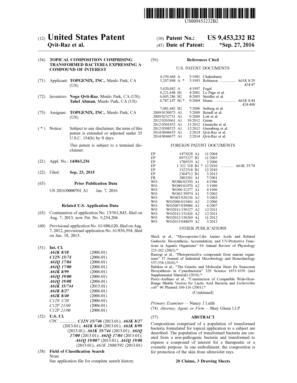 (12) United States Patent (10) Patent No.: US 9.453,232 B2 Qvit-Raz Et Al