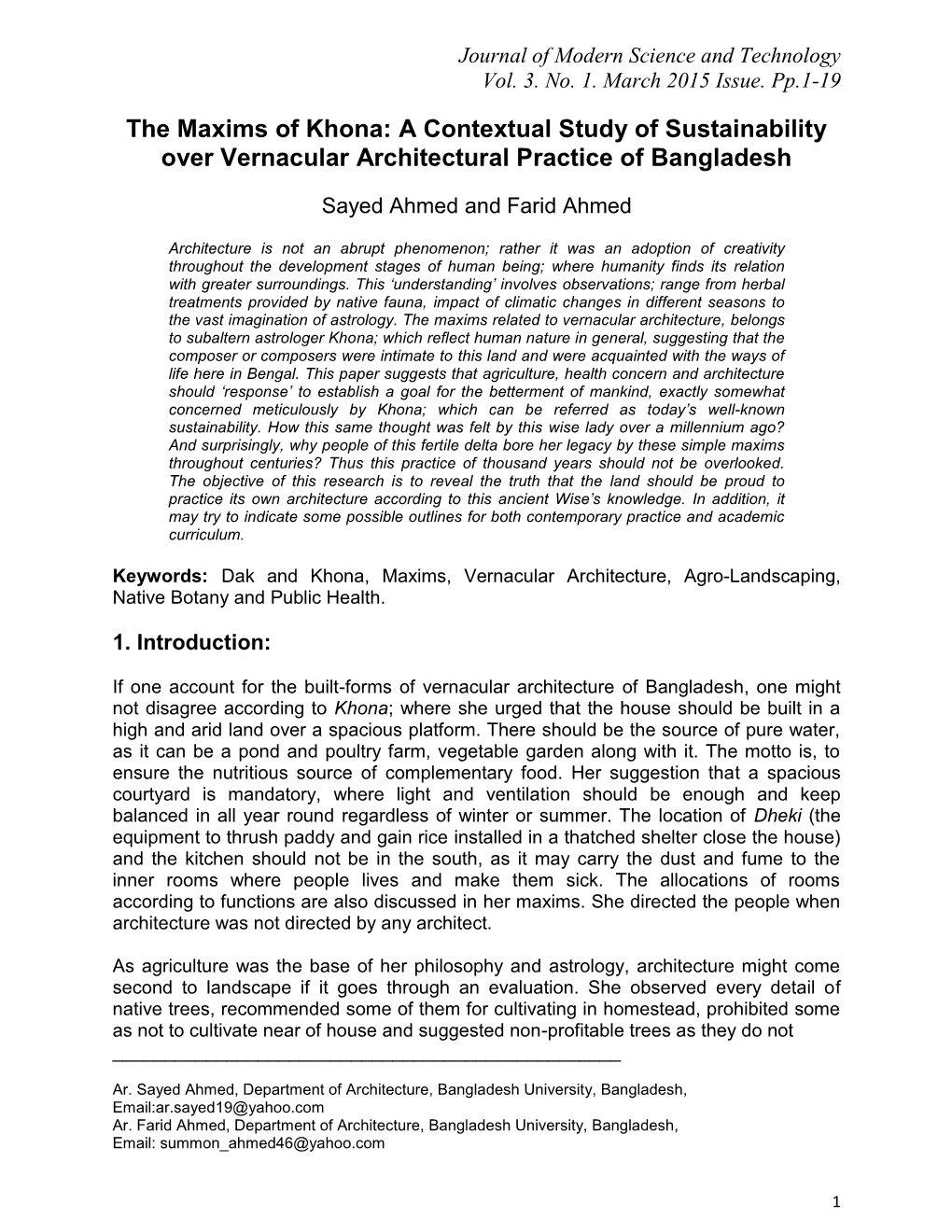 A Contextual Study of Sustainability Over Vernacular Architectural Practice of Bangladesh