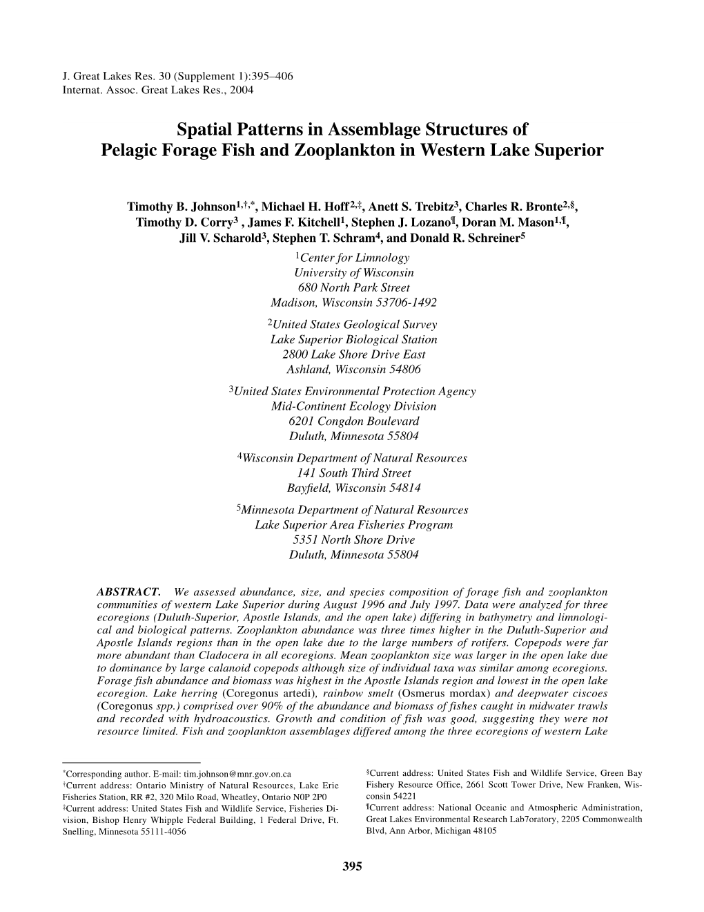 Spatial Patterns in Assemblage Structures of Pelagic Forage Fish and Zooplankton in Western Lake Superior