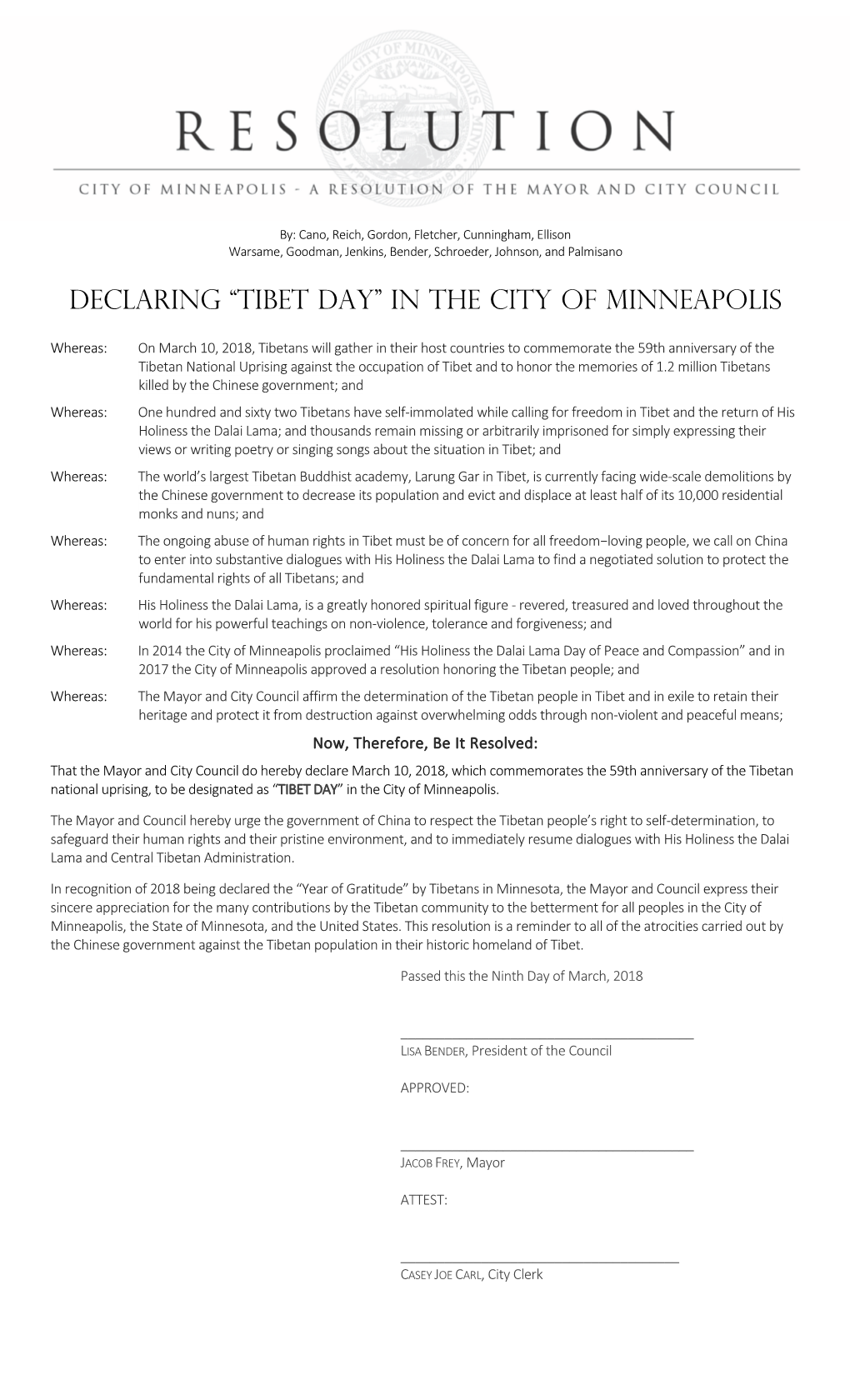 2018 Tibet Day Honorary Resolution