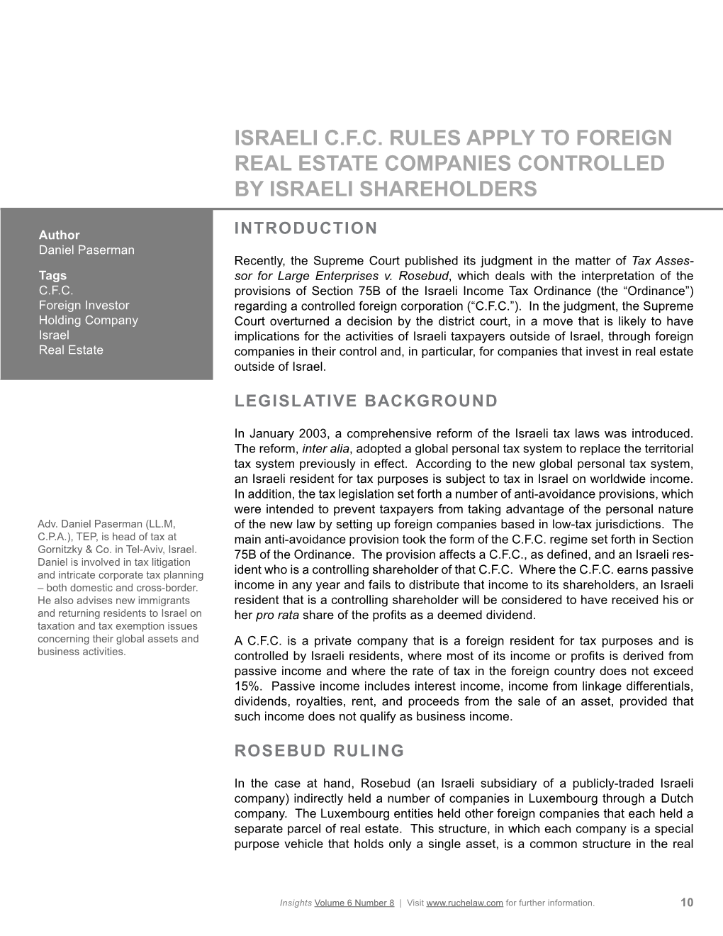 Israeli C.F.C. Rules Apply to Foreign Real Estate Companies Controlled by Israeli Shareholders