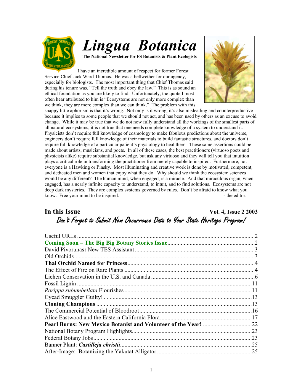 Lingua Botanica the National Newsletter for FS Botanists & Plant Ecologists