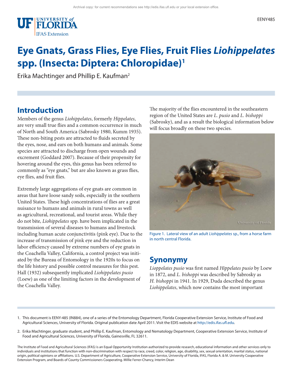Eye Gnats, Grass Flies, Eye Flies, Fruit Flies Liohippelates Spp. (Insecta: Diptera: Chloropidae)1 Erika Machtinger and Phillip E