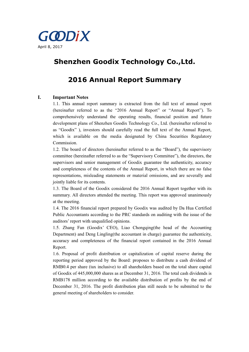 Shenzhen Goodix Technology Co.,Ltd. 2016 Annual Report