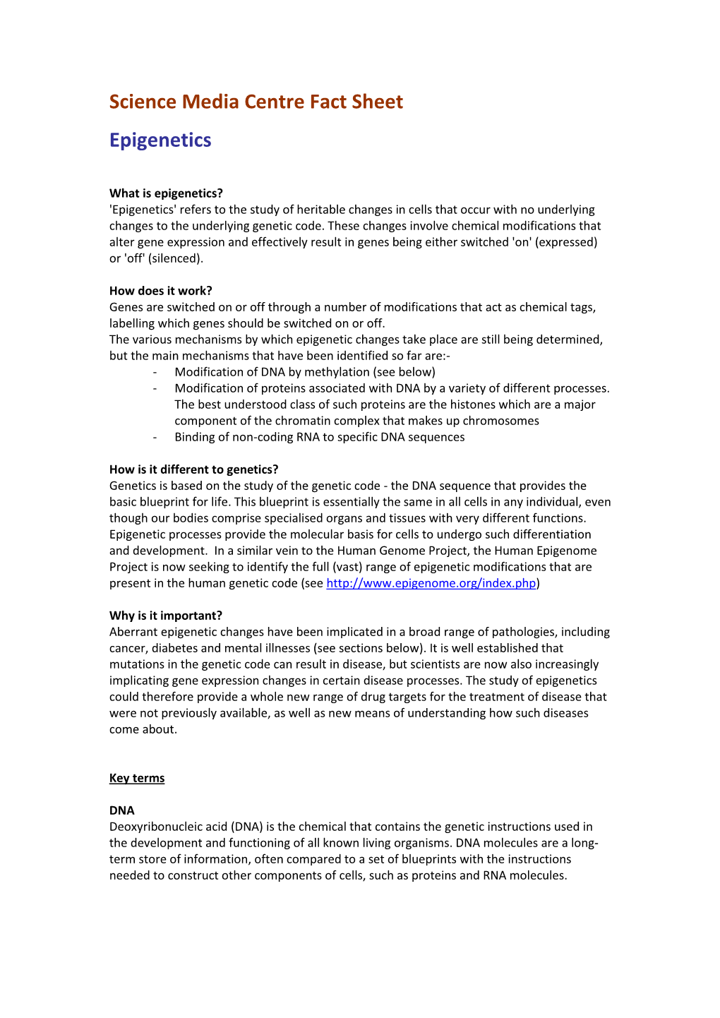 Science Media Centre Fact Sheet Epigenetics