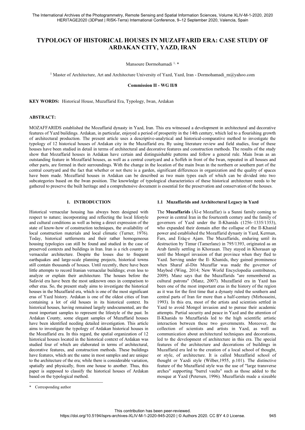 Typology of Historical Houses in Muzaffarid Era: Case Study of Ardakan City, Yazd, Iran